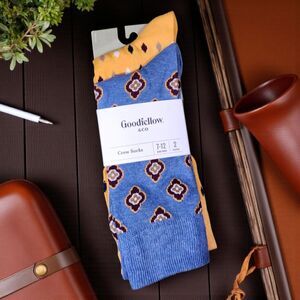 Goodfellow & Co Blue & Gold Pattern Crew Socks 7-12 NWT Comfort 2-Pair Pack